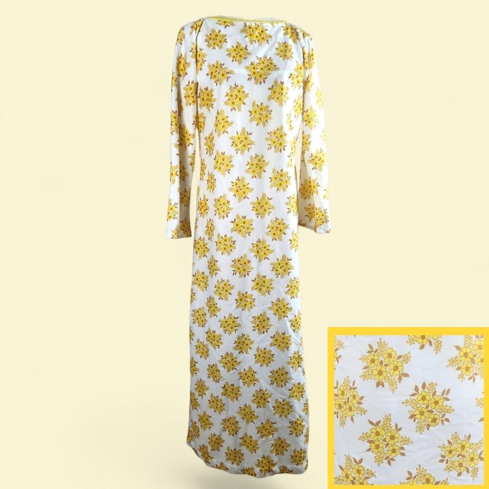 True Vtg Handmade Daisy Print Maxi Dress Med / Lrg Shift White Yellow Floral